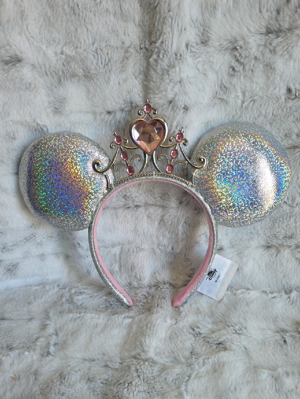 Disney Holographic Silver Minnie Ears Headband with Pink Jewel Tiara